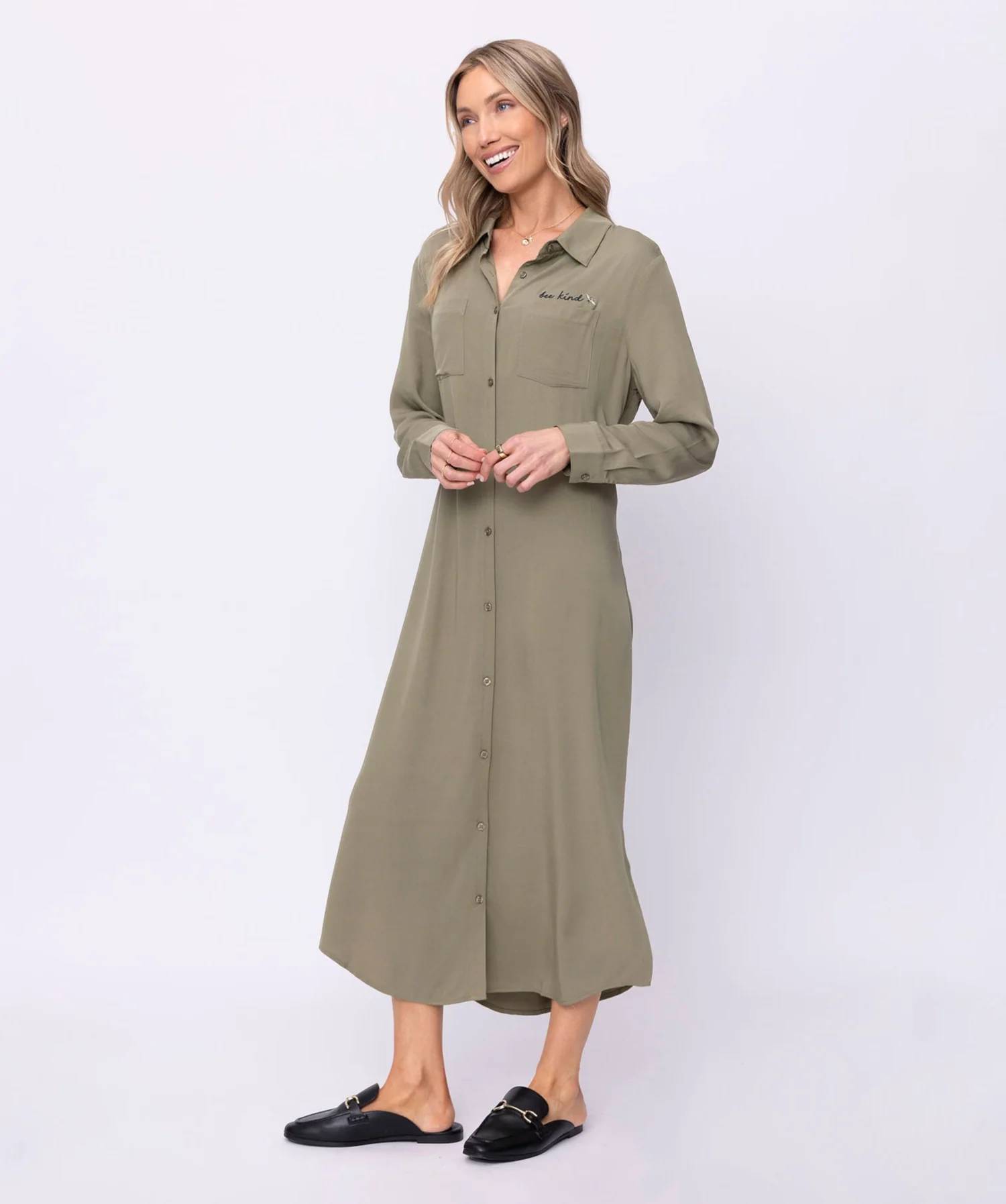 Bee Kind Long Sleeve Midi Shirt Dress