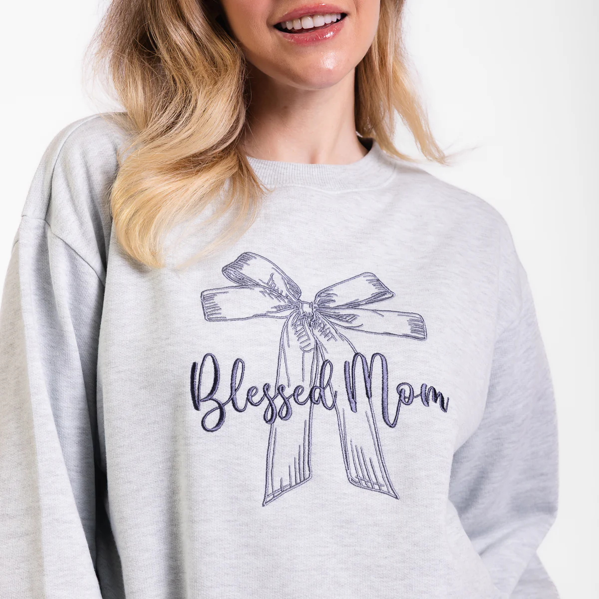 Blessed Mom Bow Embroidered Crewneck Sweatshirt - Image 3