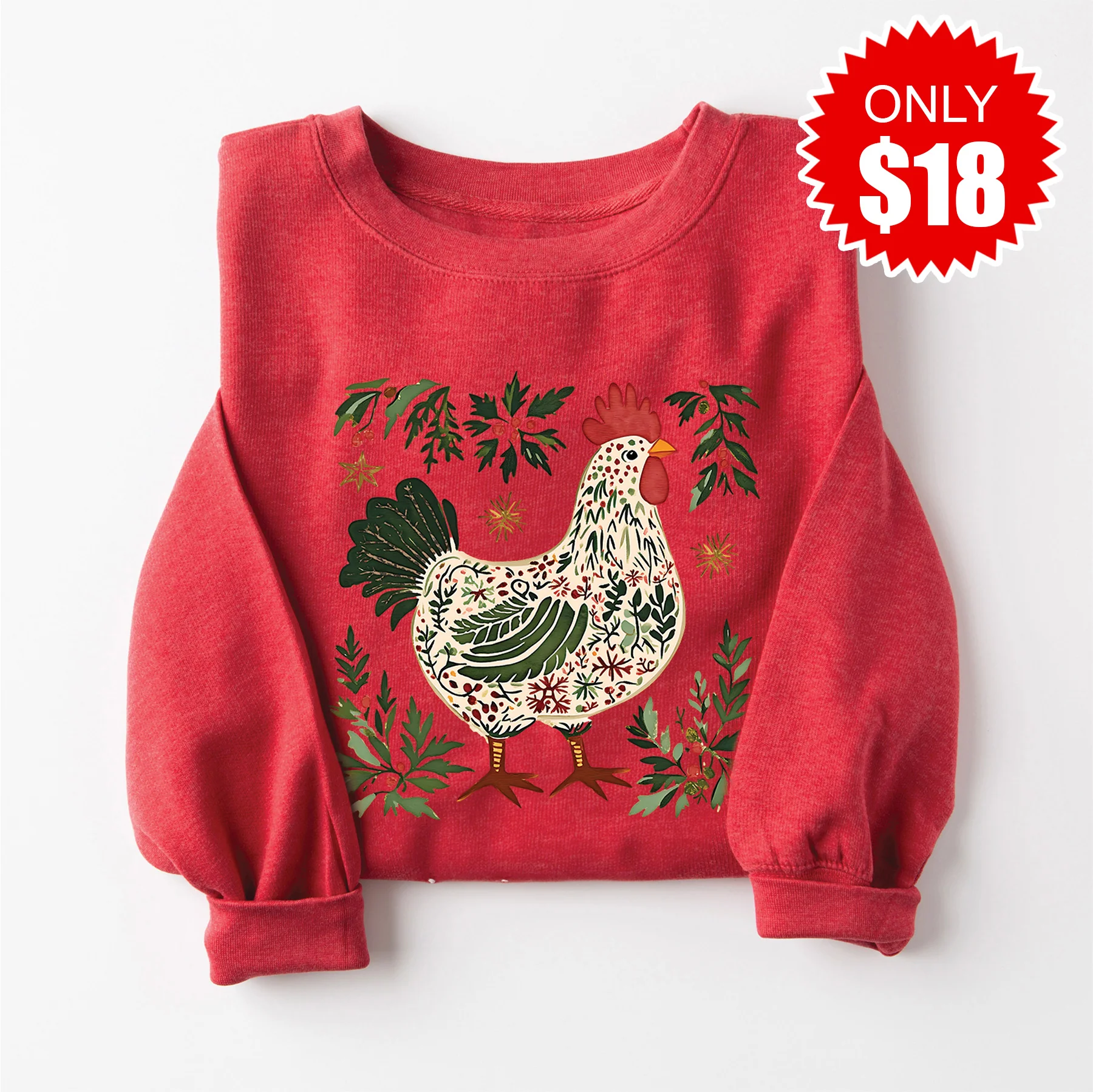 Christmas Chicken Sweatshirt - Heather Scarlet - 18