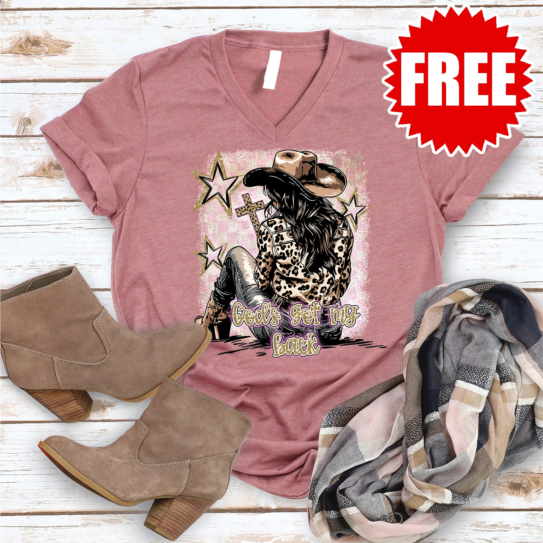 God's Got My Back V-Neck - Heather Mauve - 0