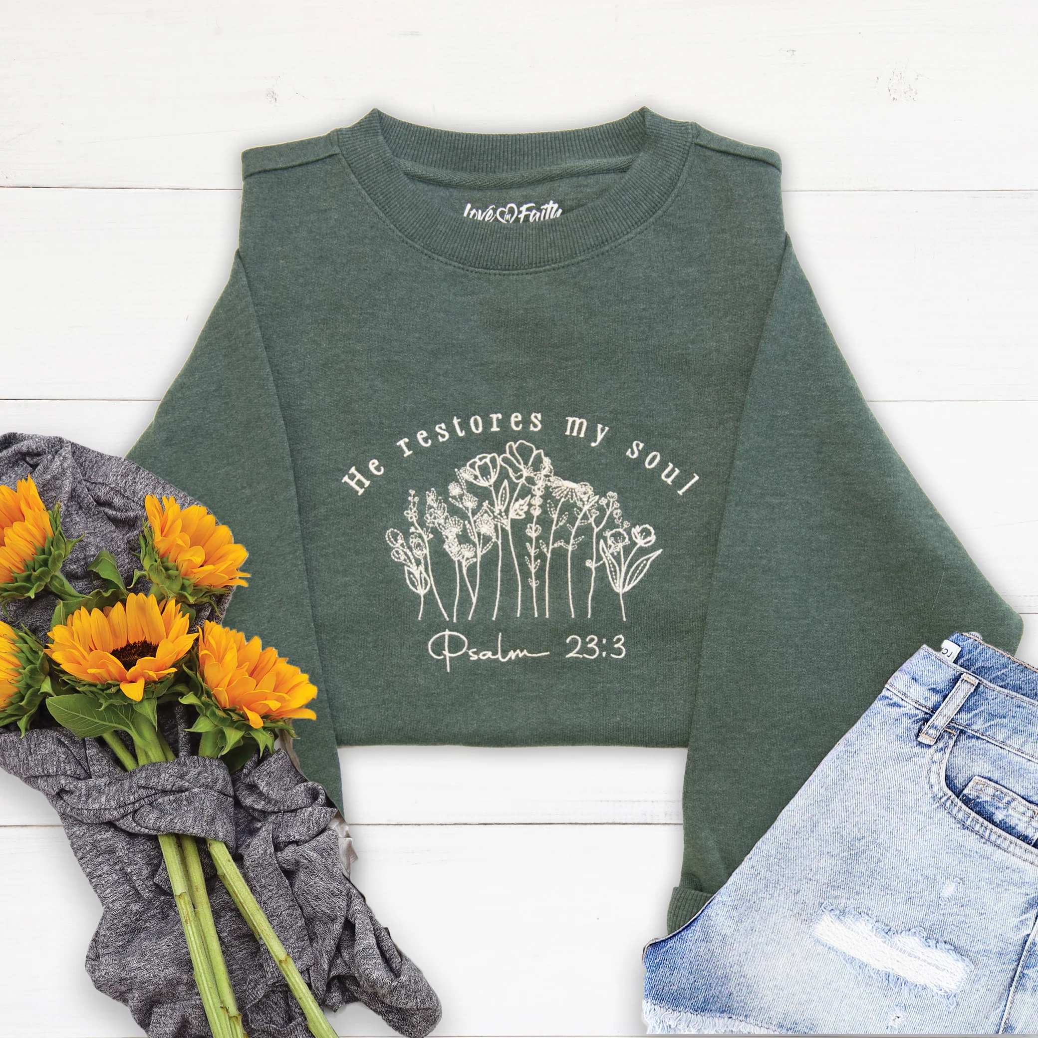 He Restores My Soul Embroidered Crewneck Sweatshirt