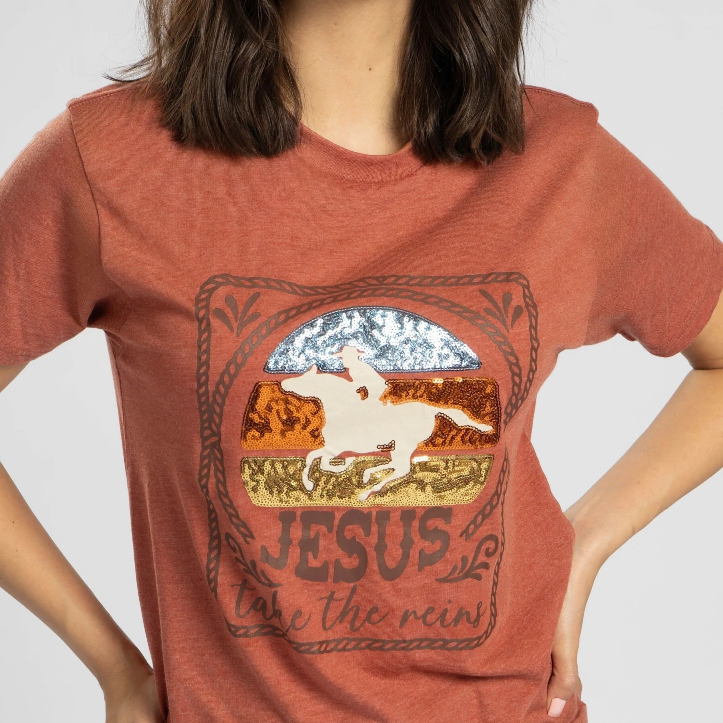 Jesus Take the Reins Sequin Tee