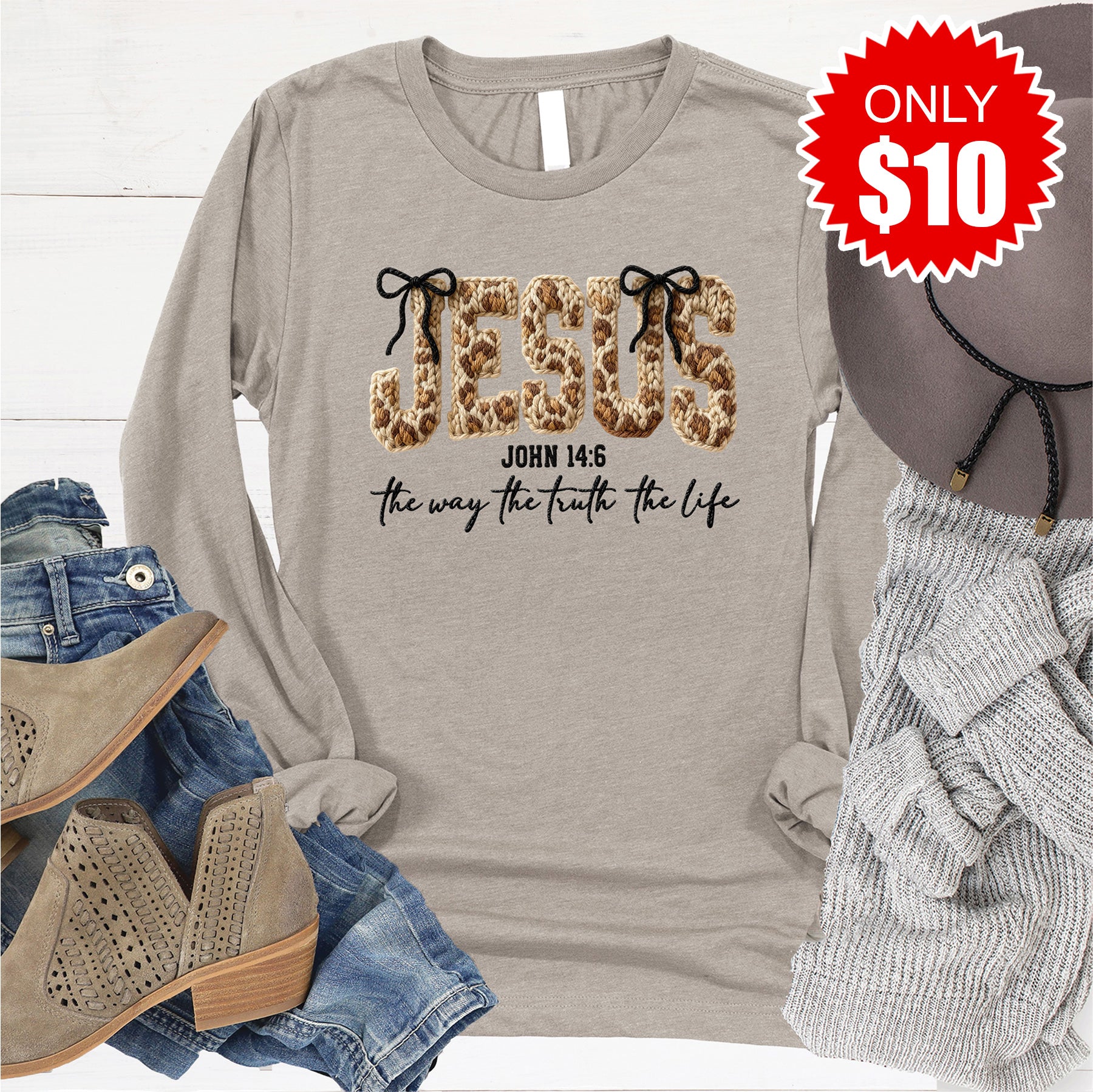 Jesus Way Truth Life Yarn Long Sleeve - Heather Stone - 10