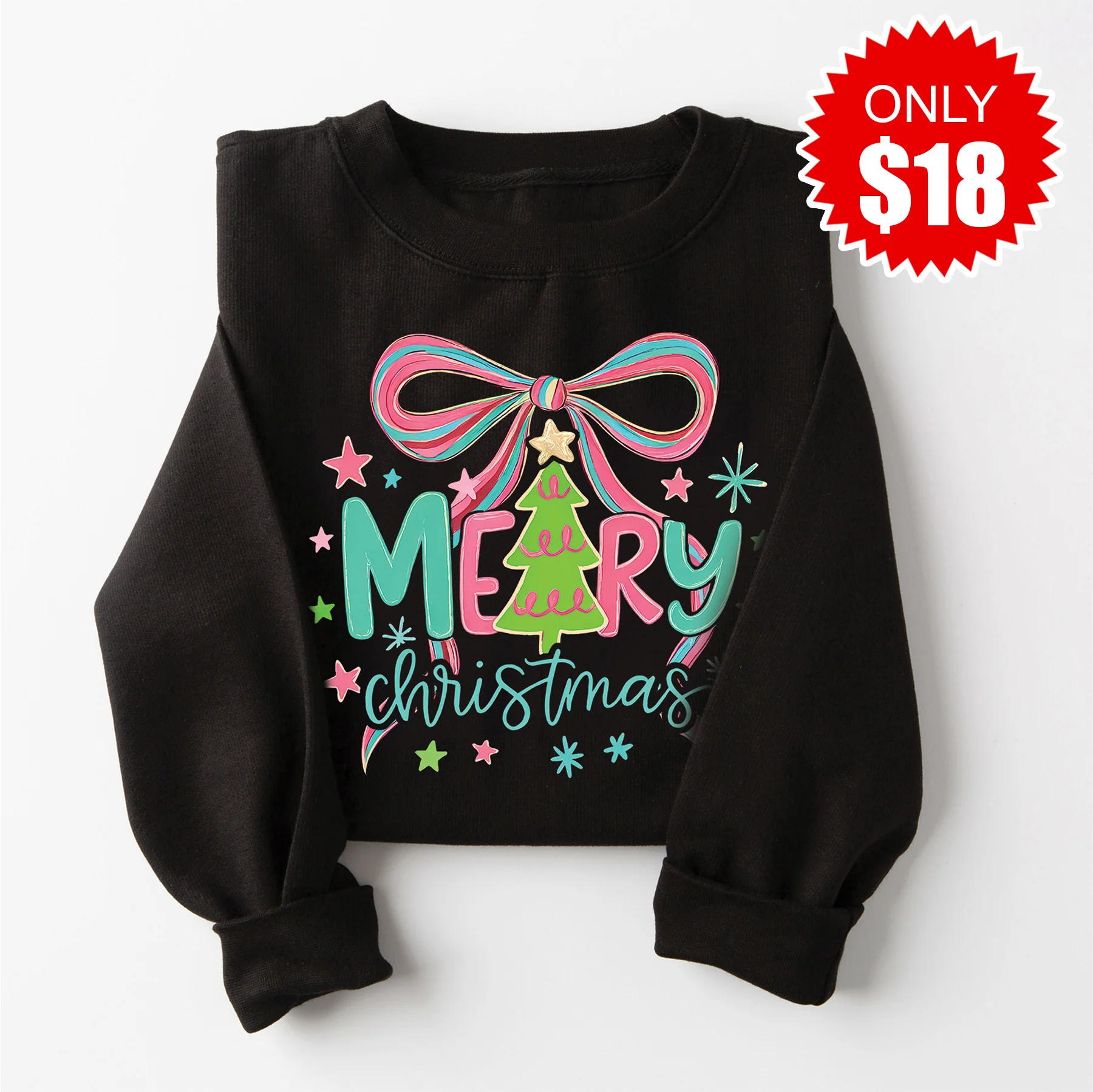 Merry Christmas Bow Sweatshirt - Black - 18