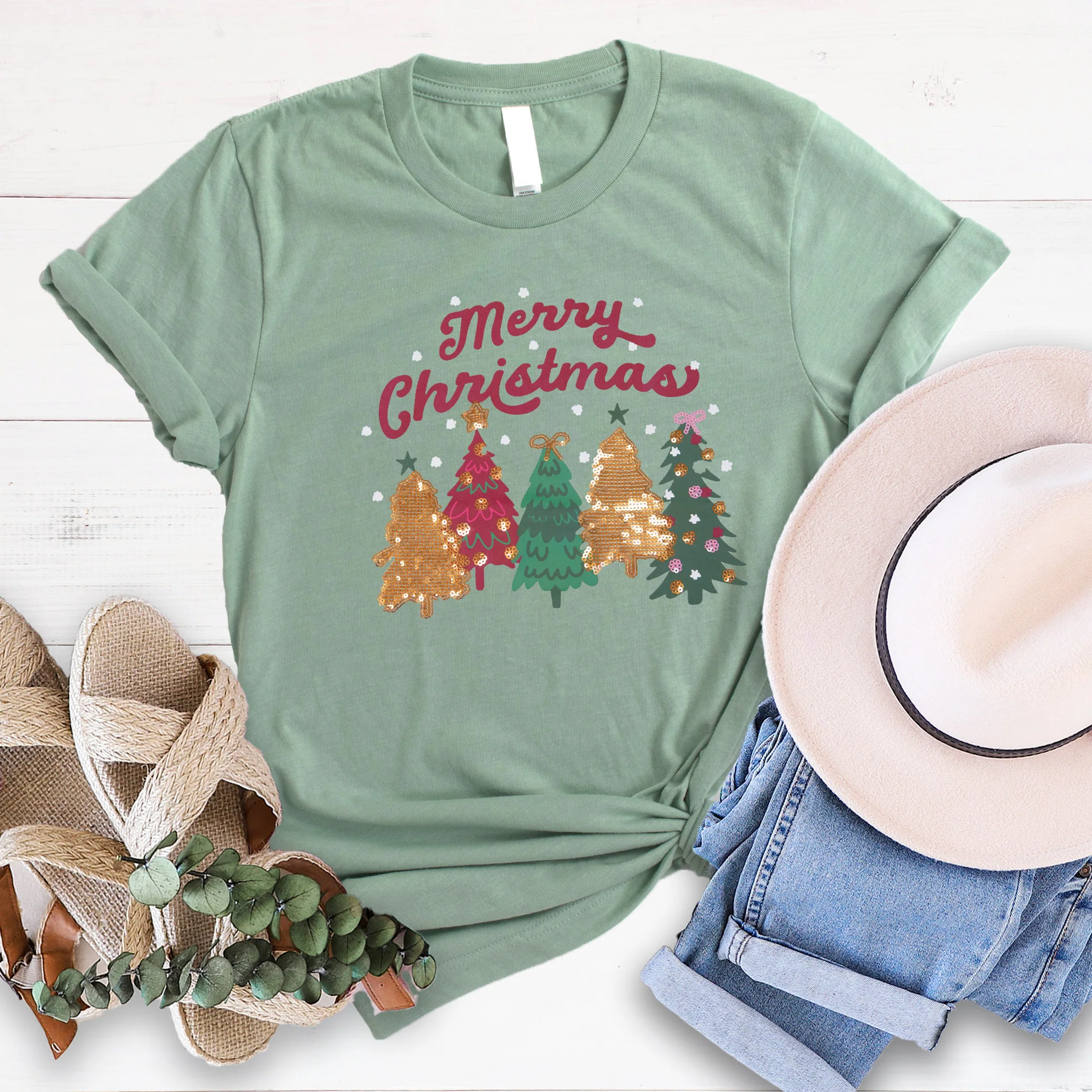 Merry Christmas Trees Sequin Tee
