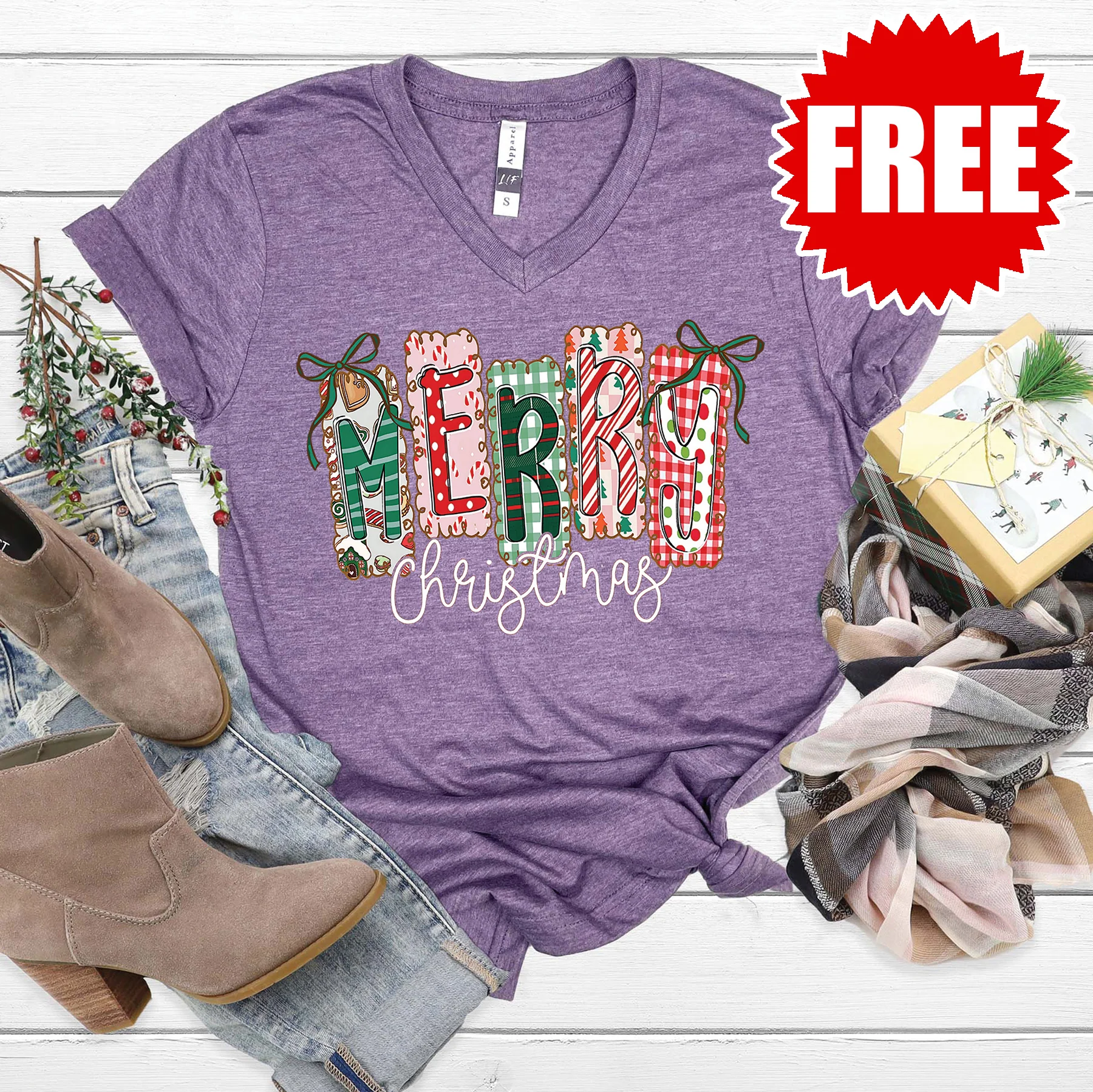 Merry Christmas V-Neck - Heather Deep Purple - 0