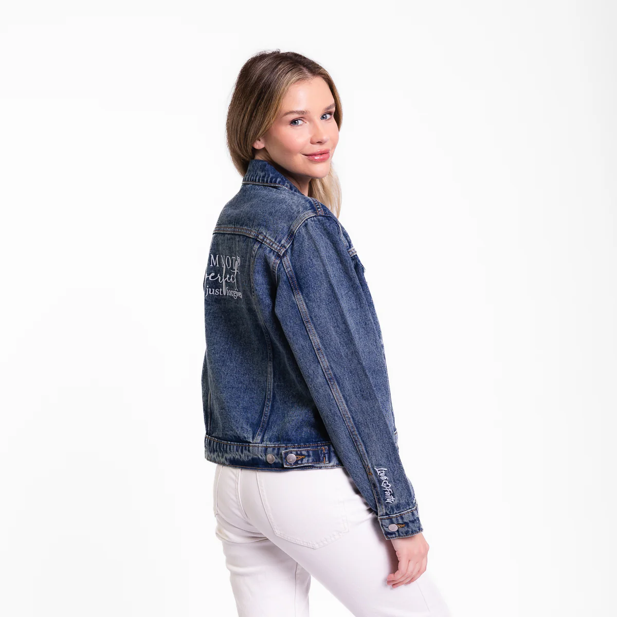 Vintage Washed Not Perfect Just Forgiven Denim Jacket - Image 4
