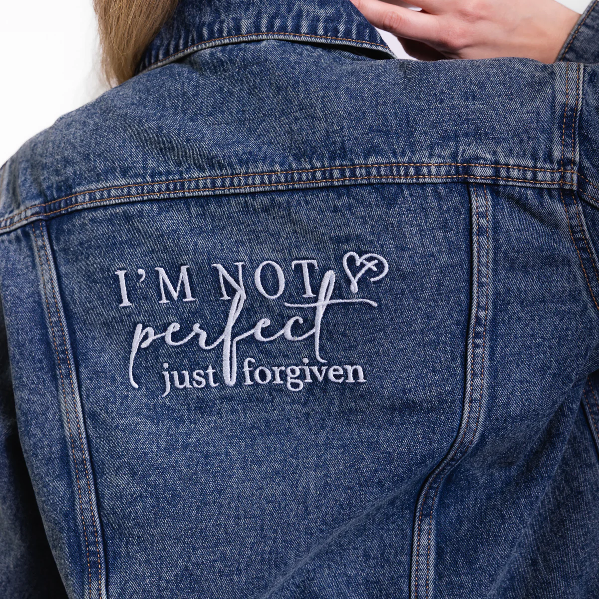 Vintage Washed Not Perfect Just Forgiven Denim Jacket - Image 5