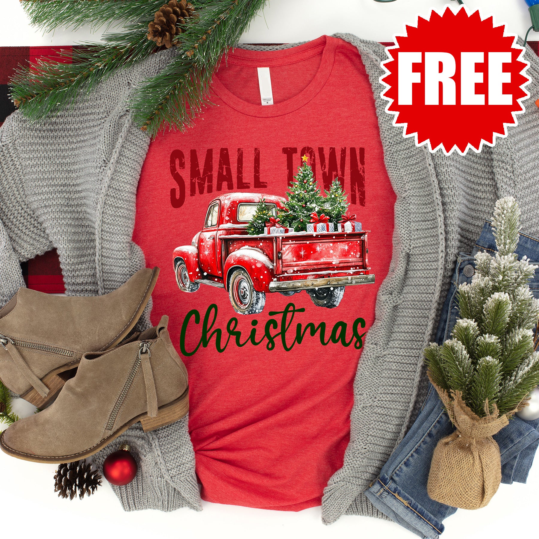 Small Town Christmas Tee - Heather Red - 0