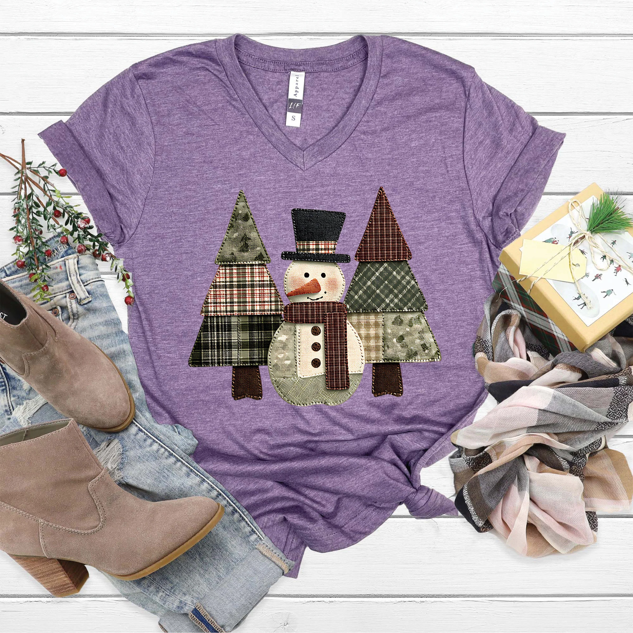 Snowman Trees Patchwork V-Neck - Image 2