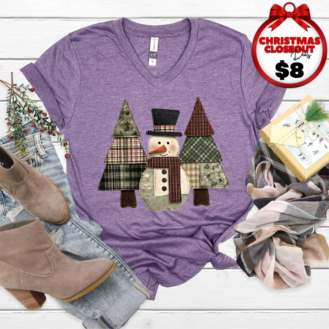 Snowman Trees Patchwork V-Neck