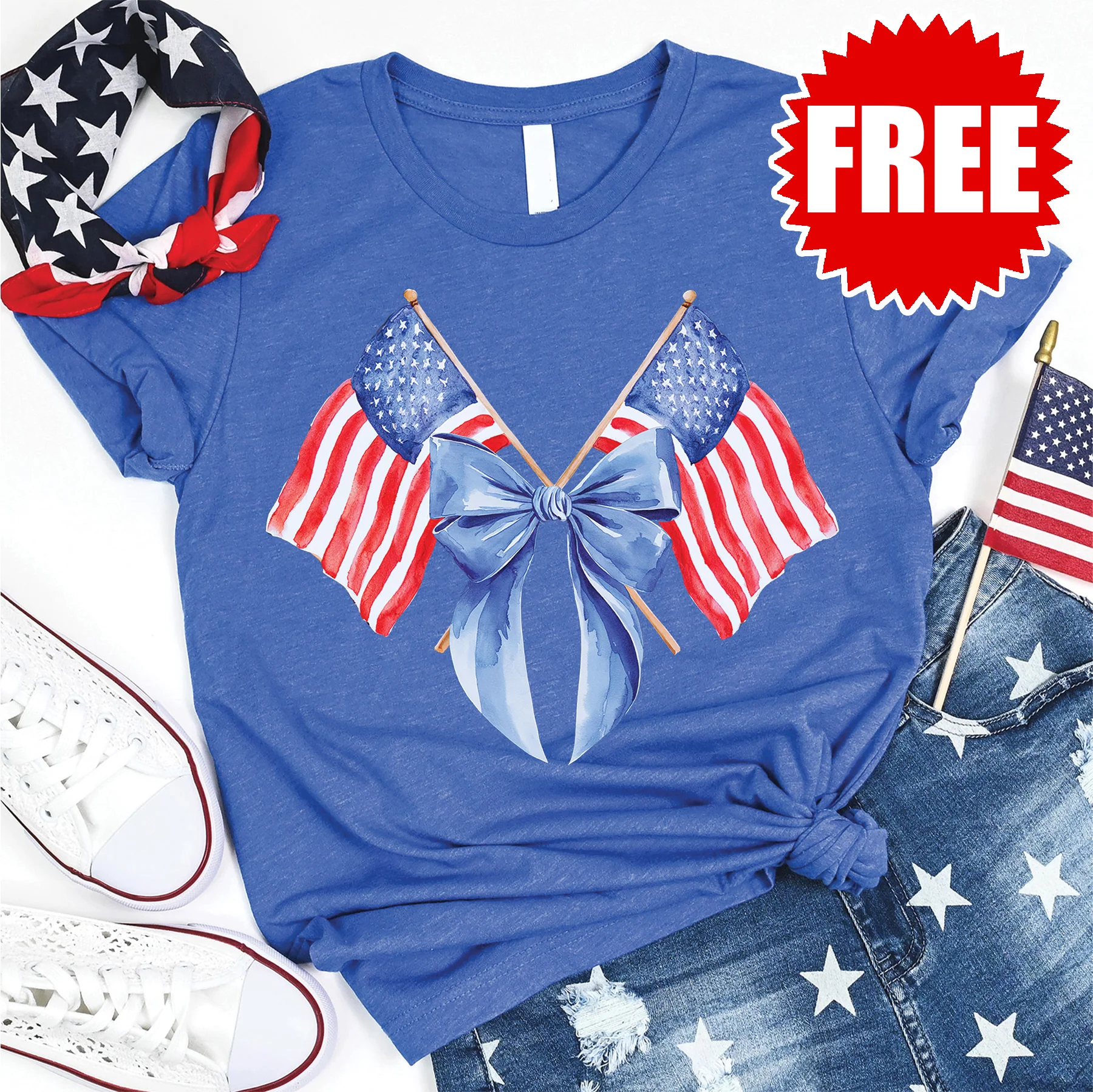 USA Flag Bow Tee - Heather Royal Blue - FREE